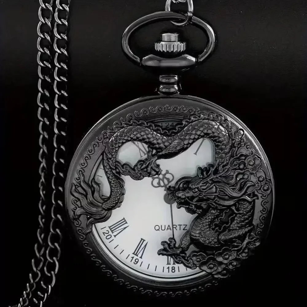 Pocket Watch & Chain • Chinese Royal Dragon • Roman Numerals • Black Anodized